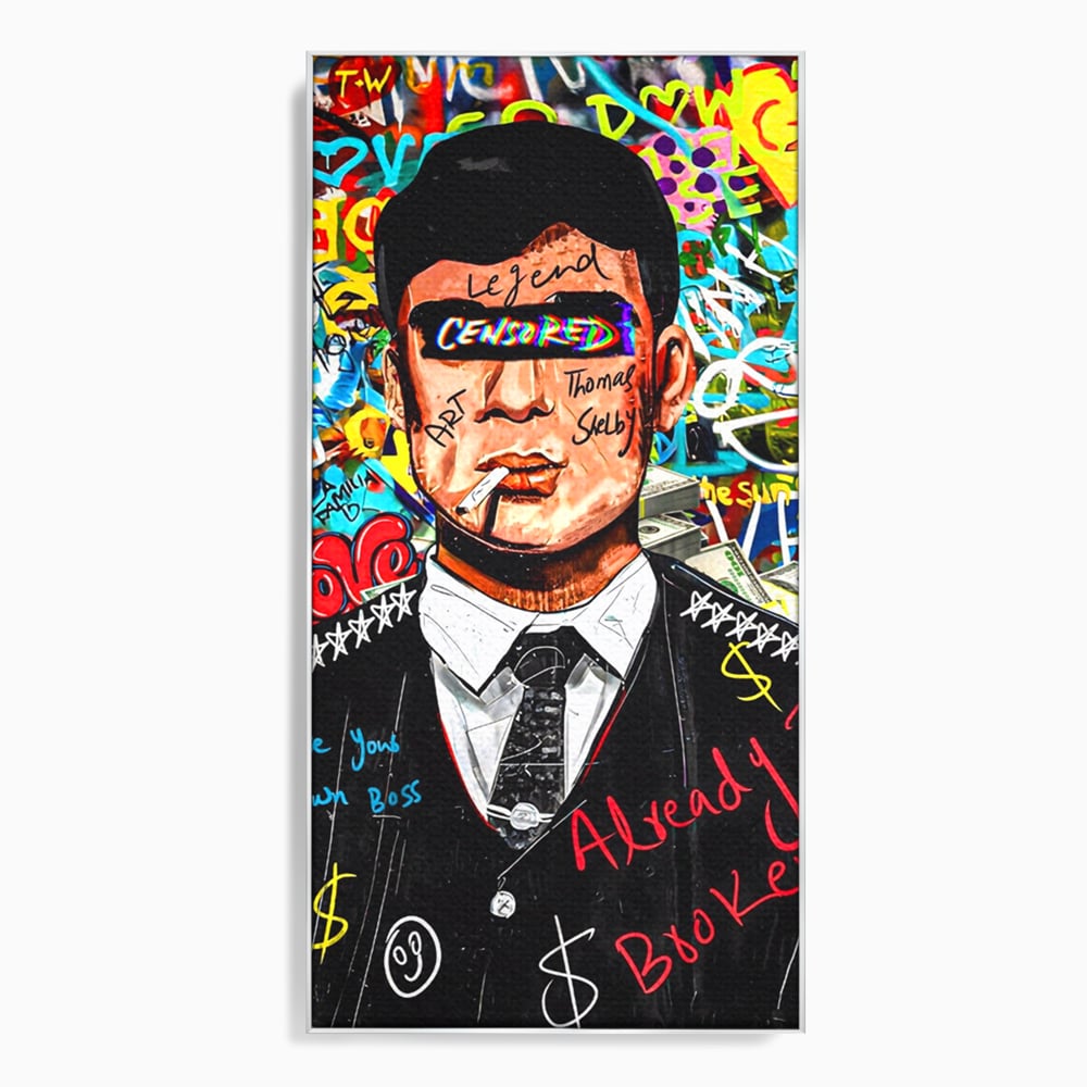 Tablou canvas cu tablou canvas cu personaj tip tommy shelby, in rama de aluminiu argintiu